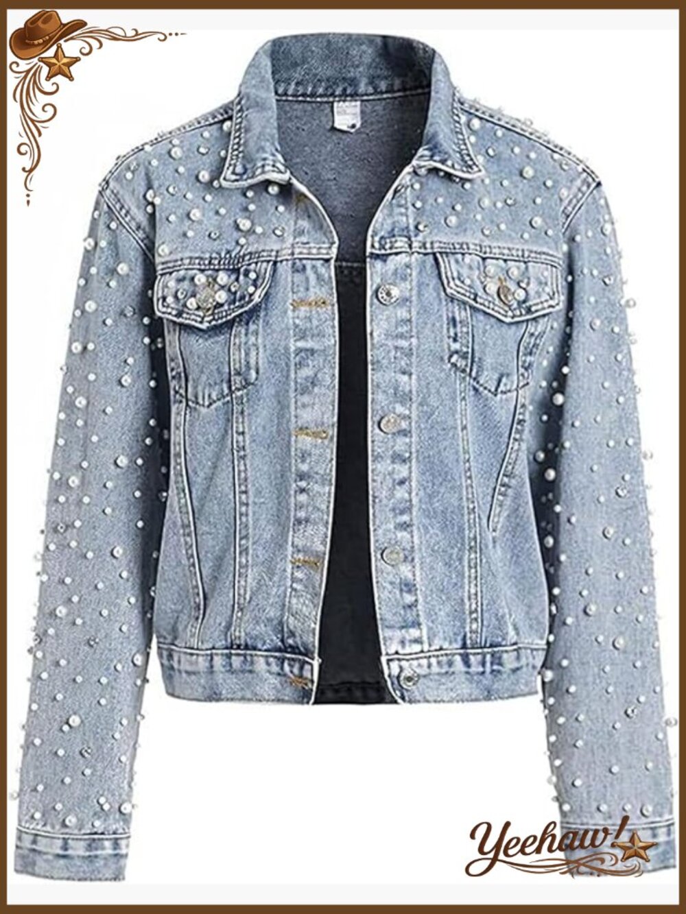 Cropped Rhinestone Denim Jacket with Pearl Accents